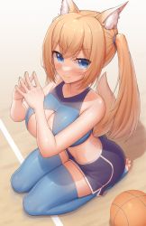 Rule 34 | 1girl, absurdres, animal ears, bad id, bad pixiv id, ball, basketball, basketball (object), black shorts, blonde hair, blue bra, blue eyes, blue sports bra, blue thighhighs, blush, bra, breasts, cleavage, cleavage cutout, closed mouth, clothing cutout, collarbone, fox ears, fox girl, fox tail, highres, hungrydurp, large breasts, long hair, looking at viewer, original, shorts, smile, solo, sports bra, tail, thighhighs, thighs, twintails, underwear