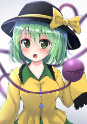 Rule 34 | 1girl, blurry, depth of field, floppy sleeves, green eyes, green hair, hat, heart, heart of string, highres, houri sh, komeiji koishi, looking at viewer, open mouth, short hair, simple background, sleeves past fingers, sleeves past wrists, solo, third eye, touhou, white background