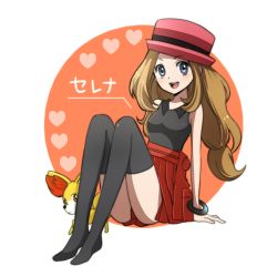 Rule 34 | 1girl, :d, black thighhighs, blonde hair, blue eyes, breasts, creatures (company), fennekin, game freak, gen 6 pokemon, hat, jewelry, long hair, looking at viewer, miki (new8), nintendo, open mouth, pleated skirt, pokemon, pokemon (creature), pokemon xy, serena (pokemon), skirt, sleeveless, smile, solo, thighhighs, translated