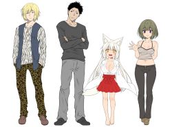Rule 34 | 2boys, 2girls, animal ear fluff, animal ears, animal print, arm behind back, barefoot, black hair, blonde hair, breasts, camisole, cleavage, crossed arms, denim, fox ears, fox girl, fox tail, hakama, hakama short skirt, hakama skirt, hand in pocket, head tilt, height difference, japanese clothes, jeans, jewelry, kohaku (yua), large breasts, leopard print, long hair, long sleeves, looking at viewer, miko, multiple boys, multiple girls, navel, necklace, open hand, original, pants, shirt, short hair, sidelocks, silver hair, simple background, skirt, standing, t-shirt, tail, thick eyebrows, vest, white background, yua (checkmate)