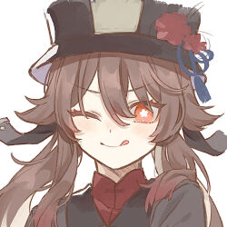 Rule 34 | 1girl, ;p, black coat, bright pupils, brown hair, coat, commentary request, flower, flower-shaped pupils, genshin impact, hair between eyes, hat, hat flower, hat tassel, hu tao (genshin impact), light blush, long hair, looking at viewer, one eye closed, portrait, red eyes, red shirt, shimozaki hotaru, shirt, simple background, solo, symbol-shaped pupils, tongue, tongue out, twintails, white background, white pupils