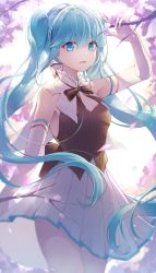 Rule 34 | 1girl, aqua eyes, aqua hair, backlighting, bare shoulders, black shirt, branch, collar, commentary, cowboy shot, elbow gloves, falling petals, gloves, hatsune miku, highres, holding, holding branch, light smile, long hair, looking at viewer, miku symphony (vocaloid), miniskirt, onsem, parted lips, petals, pleated skirt, shirt, skirt, sleeveless, sleeveless shirt, solo, twintails, very long hair, vocaloid, white collar, white gloves, white skirt
