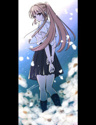 Rule 34 | 1girl, arms behind back, artist name, black skirt, black socks, blush, brown eyes, commentary request, falling petals, flower, light brown hair, long hair, looking at viewer, looking back, original, outdoors, own hands together, petals, pillarboxed, pleated skirt, ponytail, school uniform, shirt, short sleeves, signature, skirt, socks, solo, standing, sugano manami, v arms, white flower, white shirt