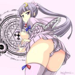 Rule 34 | 1girl, alternate hairstyle, ass, blush, breasts, breasts out, capelet, crescent, crescent hair ornament, dated, hair ornament, large breasts, long hair, looking back, magic circle, nipples, no headwear, panties, patchouli knowledge, purple eyes, purple hair, purple thighhighs, revision, signature, solo, striped clothes, striped panties, thighhighs, touhou, umyonge (lkakeu), underwear