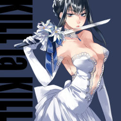 Rule 34 | 10s, 1girl, alternate hairstyle, armpits, bare shoulders, black hair, blue eyes, bouquet, braid, breasts, center opening, choker, cleavage, copyright name, dress, elbow gloves, eyebrows, eyeshadow, female focus, flower, french braid, gem, gloves, jewelry, kill la kill, kiryuuin satsuki, knife, lace, large breasts, lips, lipstick, long hair, makeup, mitui321, navel, pendant, short sword, sidelocks, solo, strapless, strapless dress, sword, thick eyebrows, weapon, wedding dress, white dress, white gloves
