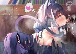Rule 34 | 1boy, 1girl, all fours, animal ear fluff, animal ears, bar censor, bare shoulders, blush, breasts, cat ears, cat tail, censored, cum, cum in mouth, cum on tongue, fellatio, from side, hair ornament, half-closed eyes, heart, heart-shaped pupils, hetero, highres, karyl (princess connect!), long hair, nipples, open mouth, oral, penis, princess connect!, profile, small breasts, solo focus, steam, symbol-shaped pupils, tail, tongue, tongue out, trembling