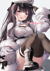Rule 34 | 1girl, :d, absurdres, adjusting clothes, adjusting headwear, artist name, azur lane, belt, black footwear, black gloves, black hair, black thighhighs, blush, boots, breasts, buttons, coat, coat dress, foot out of frame, fur trim, gloves, hat, high heel boots, high heels, highres, large breasts, long hair, looking at viewer, makihige, military, military hat, military uniform, off shoulder, one side up, open clothes, open coat, open mouth, pamiat merkuria (azur lane), peaked cap, pink eyes, simple background, sitting, smile, solo, thigh strap, thighhighs, uniform, watermark, white background, white coat, white hat, wide sleeves, winter clothes