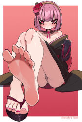 Rule 34 | 1girl, absurdres, barefoot, blush, ecchi-o, feet, hairband, highres, hololive, hololive english, japanese clothes, looking at viewer, medium hair, mori calliope, panties, pantyshot, pink hair, red eyes, sandals, soles, toes, underwear, virtual youtuber, zouri