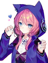 Rule 34 | 1girl, arknights, blue jacket, blue nails, blue poison (arknights), blue ribbon, bright pupils, claw pose, closed mouth, commentary, heart, highres, hood, hood up, jacket, long hair, long sleeves, looking at viewer, low twintails, nail polish, neck ribbon, open clothes, open jacket, osage (8545675), pink hair, ribbon, shirt, simple background, solo, swept bangs, symbol-only commentary, twintails, upper body, white background, white shirt
