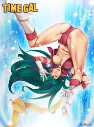 Rule 34 | 1girl, artist name, ass, belt, unworn belt, blue eyes, boots, breasts, cleavage, copyright name, falling, gloves, green hair, highres, knee boots, kneepits, legs, long hair, looking at viewer, medium breasts, no bra, one eye closed, open mouth, red shirt, red shorts, reika (time gal), retorabi00, shirt, short shorts, shorts, smile, solo, spread legs, taito, thighs, time gal, underboob, upside-down, v, white footwear, white gloves