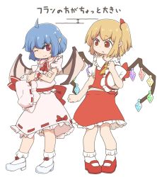 Rule 34 | 2girls, ahoge, back bow, bat wings, blonde hair, blue hair, blush, bobby socks, bow, crossed arms, crystal, flandre scarlet, frills, full body, hat, unworn hat, hat ribbon, unworn headwear, height conscious, height difference, highres, holding, holding clothes, holding hat, mary janes, mob cap, multiple girls, one eye closed, pink shirt, pink skirt, pointy ears, puffy short sleeves, puffy sleeves, red bow, red eyes, red footwear, red neckwear, red ribbon, red skirt, red vest, remilia scarlet, ribbon, shirt, shoes, short hair, short sleeves, siblings, side ponytail, simple background, sisters, skirt, socks, touhou, translated, turnip kabura, vest, wavy mouth, white background, white shirt, white socks, wings, wrist cuffs, yellow neckwear