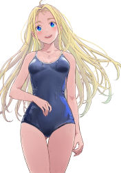 Rule 34 | 1girl, blonde hair, blue eyes, blue one-piece swimsuit, commentary, competition school swimsuit, english commentary, esozima gari, eyelashes, happy, highres, jewelry, kofune ushio, long hair, looking at viewer, necklace, one-piece swimsuit, school swimsuit, shell, shell necklace, simple background, smile, solo, summertime render, swimsuit, wet, wet clothes, white background