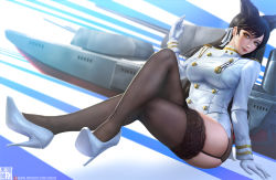 Rule 34 | 1girl, aiguillette, animal ears, atago (azur lane), azur lane, black hair, black thighhighs, boat, bottomless, breasts, buttons, commentary, crossed legs, double-breasted, dutch angle, english commentary, extra ears, full body, garter belt, garter straps, gloves, high collar, high heels, highres, lace, lace-trimmed legwear, lace trim, limgae, long hair, looking at viewer, medium breasts, military, military uniform, miniskirt, patreon username, pencil skirt, pumps, ribbon, ship, shoes, sitting, skindentation, skirt, solo, stiletto heels, swept bangs, thighhighs, thighs, uniform, watercraft, white footwear, white gloves, white heels, white ribbon, yellow eyes