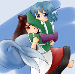 Rule 34 | ;), animal ears, arm on own head, barefoot, blue background, blue eyes, blue hair, brown hair, carrying, dress, fins, green kimono, head fins, imaizumi kagerou, japanese clothes, kimono, layered dress, long hair, looking at viewer, looking back, mermaid, monster girl, obi, one eye closed, princess carry, red eyes, sash, short kimono, smile, touhou, two-tone background, wakasagihime, wolf ears, yukimuro