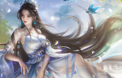 Rule 34 | 1girl, bird, blue sky, brown hair, closed mouth, cloud, crossed legs, dress, earrings, facial mark, falling feathers, feathers, forehead mark, highres, jewelry, long hair, looking to the side, lu xueqi (zhu xian), mingming er, rainbow gradient, sash, second-party source, sitting, sky, smile, solo, thighhighs, tiara, upper body, white dress, white thighhighs, zhu xian