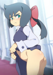 Rule 34 | 1girl, ass, blush, bow, breasts, closed mouth, clothes lift, constanze amalie von braunschbank-albrechtsberger, dress, dress lift, eyebrows, female focus, from side, hair bow, hair ornament, indoors, jcm2, legs together, lifting own clothes, little witch academia, long hair, looking at viewer, looking back, no panties, no pupils, ponytail, red bow, shiny skin, small breasts, solo, standing, sweat, sweatdrop, tagme, upper body