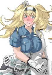 Rule 34 | 1boy, 1girl, absurdres, admiral (kancolle), arm hug, blonde hair, blue eyes, blue shirt, blush, breast pocket, breasts, collared shirt, commentary request, cowboy shot, gambier bay (kancolle), gloves, hairband, highres, kantai collection, large breasts, long hair, multicolored clothes, multicolored gloves, multicolored shorts, nose blush, one-hour drawing challenge, pocket, shirt, shorts, simple background, sozan, twintails, white background, white gloves