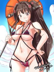 Rule 34 | 10s, alternate costume, bare shoulders, breasts, brown eyes, brown hair, cherry blossoms, commentary request, covered erect nipples, eyebrows, hair ornament, headgear, kantai collection, large breasts, navel, oil-paper umbrella, ponytail, solo, tatsumi ray, umbrella, yamato (kancolle)