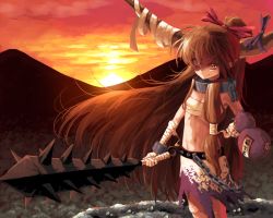 Rule 34 | 1girl, bandaged arm, bandages, chain, club, club (weapon), commentary request, cuffs, eyes visible through hair, flat chest, gourd, hair between eyes, hair ribbon, hand on own hip, highres, holding, holding weapon, horn ornament, horn ribbon, horns, ibuki suika, long hair, looking at viewer, low-tied long hair, mountainous horizon, navel, oni horns, orange eyes, orange hair, red ribbon, ribbon, sarashi, shackles, smile, solo, spiked club, sunnysideup, sunset, touhou, weapon