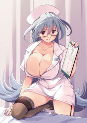 Rule 34 | 1girl, :q, alternate costume, atago masae, bed, black-framed eyewear, black thighhighs, blush, breasts, cleavage, clipboard, closed mouth, commentary request, curtains, dress, garter straps, glasses, hat, holding, holding clipboard, huge breasts, indoors, jewelry, knee up, licking lips, long hair, looking at viewer, mature female, microdress, nail polish, name tag, nurse, nurse cap, odawara hakone, partially unzipped, purple eyes, purple nails, ring, saki, saki (manga), saki achiga-hen, silver hair, skindentation, smile, solo, standing, textless version, thighhighs, tongue, tongue out, very long hair, wedding band, white dress, zipper