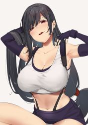 Rule 34 | 1girl, armpits, bare shoulders, black gloves, black hair, black skirt, blush, breasts, cleavage, collarbone, crop top, earrings, elbow gloves, final fantasy, final fantasy vii, fingerless gloves, gloves, highres, jewelry, large breasts, long hair, looking at viewer, low-tied long hair, megumi yakiniku, navel, open mouth, pencil skirt, red eyes, shirt, skirt, smile, solo, suspender skirt, suspenders, tank top, taut clothes, taut shirt, thighs, tifa lockhart, white tank top
