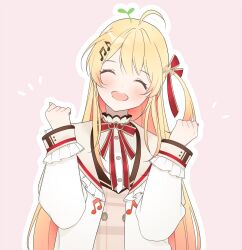 Rule 34 | 1girl, ^ ^, ahoge, antenna hair, blonde hair, blush, border, brown vest, clenched hand, closed eyes, collared jacket, dot nose, facing viewer, fortissimo, frilled jacket, frills, grey background, hair ornament, hair ribbon, hands up, head tilt, highres, hololive, hololive dev is, jacket, leaf, leaf on head, long hair, musical note, musical note hair ornament, musical note print, neck ribbon, one side up, open clothes, open jacket, open mouth, otonose kanade, plaid, plaid vest, red ribbon, ribbon, shirt, smile, upper body, vest, virtual youtuber, white border, white jacket, white shirt, zeroperpect