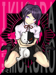 Rule 34 | 1girl, 1mascot, black background, black footwear, blush, bow, brown hair, calf socks, character name, closed mouth, collared shirt, danganronpa: trigger happy havoc, danganronpa (series), female focus, freckles, full body, highres, holding, holding stuffed toy, holding stuffed animal, holding stuffed toy, ikusaba mukuro, kneeling, legs apart, looking at viewer, matching hair/eyes, monokuma, multicolored background, bowtie, neck ribbon, pink background, pleated skirt, purple eyes, purple hair, red bow, red ribbon, ribbon, shirt, short sleeves, simple background, skirt, solo, stuffed animal, stuffed toy, tearing up, tears, teddy bear, thighs, white shirt