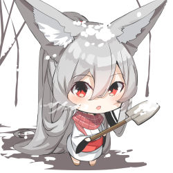 Rule 34 | 1girl, :o, absurdly long hair, absurdres, animal ear fluff, animal ears, barefoot, chibi, commentary request, fox ears, fox girl, fox tail, grey hair, hair between eyes, highres, holding, holding shovel, japanese clothes, kimono, long hair, long sleeves, looking at viewer, obi, original, outdoors, parted lips, ponytail, red eyes, sash, shovel, snow, snow on head, solo, standing, tail, very long hair, white background, white kimono, wide sleeves, yuuji (yukimimi)