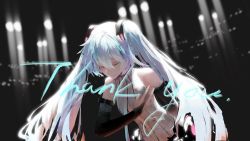 Rule 34 | 1girl, absurdres, arm behind back, backlighting, bare shoulders, black sleeves, blue hair, bowing, bridal gauntlets, clothing cutout, commentary, detached sleeves, english text, closed eyes, hair ornament, hand on own chest, hatsune miku, hatsune miku (append), highres, leaning forward, lips, long hair, navel, navel cutout, rsef, shirt, sleeveless, sleeveless shirt, solo, spotlight, thank you, twintails, upper body, very long hair, vocaloid, vocaloid append