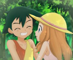 Rule 34 | 1boy, 1girl, ash ketchum, bare shoulders, blue eyes, bow, brown hair, closed eyes, collarbone, creatures (company), crying, day, game freak, green background, green hair, happy, hat, hat bow, highres, kouzuki (reshika213), long hair, looking at another, multicolored shirt, nintendo, open mouth, outdoors, pink bow, pink shirt, pokemon, pokemon (anime), pokemon xy (anime), profile, serena (pokemon), shirt, short hair, sleeveless, sleeveless shirt, smile, sun hat, tears, teeth, tree, upper body, yellow headwear