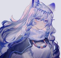 Rule 34 | 1girl, animal ear fluff, animal ears, arknights, braid, breasts, closed mouth, collar, commentary request, grey background, grey eyes, grey hair, hair between eyes, hair ornament, jewelry, leopard ears, long hair, looking at viewer, necklace, nenecrepe, pramanix (arknights), simple background, solo, turtleneck, twin braids, upper body