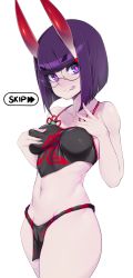 Rule 34 | 1girl, :p, absurdres, bespectacled, black fundoshi, bob cut, breasts, collarbone, commentary, english commentary, fate/grand order, fate (series), fundoshi, glasses, grabbing own breast, highres, horns, japanese clothes, looking at viewer, medium breasts, navel, oni, pale skin, purple eyes, shuten douji (fate), simple background, skin-covered horns, slugbox, solo, stomach, tongue, tongue out, white background