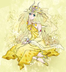 Rule 34 | 1girl, anklet, bare shoulders, blonde hair, blue eyes, detached sleeves, dress, final fantasy, final fantasy i, horns, jewelry, looking up, open mouth, sarah (ff1), shinzui (fantasysky7), sitting, smile, solo, square enix, theatrhythm final fantasy, yellow background, yellow dress, yellow theme