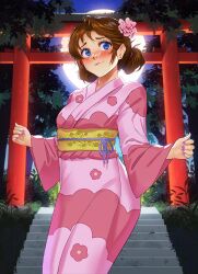 Rule 34 | 1girl, blue eyes, blush, brooke (mleth), brown hair, commentary, earrings, english commentary, flower, full moon, grass, hair flower, hair ornament, japanese clothes, jewelry, kimono, long sleeves, looking at viewer, mleth, moon, nail polish, night, obi, original, outdoors, pink kimono, pink nails, sash, smile, solo, stairs, stud earrings, torii, wide sleeves