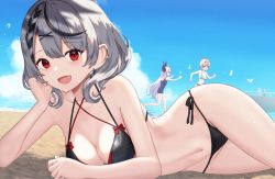 Rule 34 | 3girls, beach, bikini, black bikini, black hair, breasts, cleavage, commentary, earrings, ecli xx, english commentary, fang, hair ornament, hand on own cheek, hand on own face, hololive, jewelry, kazama iroha, la+ darknesss, large breasts, looking at viewer, lying, medium hair, mixed-language commentary, multicolored hair, multiple girls, on side, one-piece swimsuit, red eyes, sakamata chloe, side-tie bikini bottom, skin fang, streaked hair, swimsuit, virtual youtuber, water, white bikini, white hair, x hair ornament