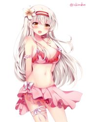 Rule 34 | 10s, 1girl, :d, alternate costume, arm behind back, armband, bikini, blush, bow, breasts, brown eyes, commentary request, cowboy shot, flower, hair flower, hair ornament, hand on own chest, headband, ichiyou moka, jewelry, kantai collection, large breasts, leg ribbon, long hair, navel, open mouth, pink bikini, ribbon, ring, sarong, shoukaku (kancolle), simple background, smile, solo, stomach, swimsuit, thigh ribbon, twitter username, wedding band, white background, white hair