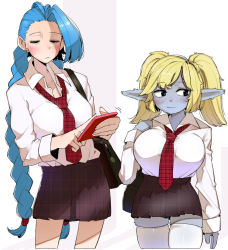 Rule 34 | 2girls, alternate costume, between breasts, black eyes, blonde hair, blue eyes, blue hair, blush, breasts, cellphone, charm (object), closed mouth, earrings, fingernails, half-closed eyes, highres, holding, holding phone, jewelry, jinx (league of legends), league of legends, long hair, multiple girls, necktie, necktie between breasts, ohasi, phone, plaid, plaid necktie, plaid skirt, pointy ears, poppy (league of legends), purple skirt, red necktie, skirt, sleeves past wrists, thighhighs, twintails, very long hair, white legwear, yordle, zipper, zipper pull tab