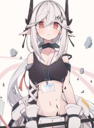 Rule 34 | 1girl, arknights, badge, bare shoulders, black bra, bra, breasts, closed mouth, collarbone, commentary, earrings, hair between eyes, hair ornament, highres, horns, infection monitor (arknights), jewelry, long hair, looking at viewer, matchadzuke, material growth, medium breasts, mudrock (arknights), mudrock (elite ii) (arknights), oripathy lesion (arknights), pointy ears, red eyes, simple background, solo, sports bra, underwear, white hair