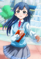 Rule 34 | 10s, 1girl, :d, blue eyes, blue hair, book, cowboy shot, fountain, futa-futa, grey skirt, hair bun, holding, holding book, hugtto! precure, long hair, looking at viewer, necktie, open mouth, outdoors, outstretched hand, precure, red necktie, school uniform, single hair bun, skirt, smile, solo, sweater vest, tree, yakushiji saaya