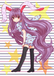 Rule 34 | 1girl, alternate costume, animal ears, bad id, bad pixiv id, bebitera, black thighhighs, bloomers, floral print, hand on own thigh, highres, hooded top, leaning forward, long hair, looking at viewer, looking back, no shoes, over-kneehighs, pajamas, parted lips, purple hair, rabbit ears, red eyes, reisen udongein inaba, solo, star (symbol), striped background, striped clothes, striped pajamas, thighhighs, touhou, underwear, very long hair