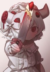 Rule 34 | 1girl, bow, broken horn, cake, cake slice, center frills, closed mouth, collared dress, commentary request, cream, dress, expressionless, food, food-themed hair ornament, foreshortening, frilled dress, frills, fruit, hair bow, hair ornament, highres, holding, holding knife, horns, knife, looking at viewer, mercure 1104, original, puffy short sleeves, puffy sleeves, red eyes, red ribbon, ribbon, short hair, short sleeves, solo, star (symbol), strawberry, strawberry hair ornament, upper body, white bow, white hair, white horns, white ribbon