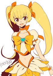 Rule 34 | 10s, 1girl, bad id, bad pixiv id, blonde hair, bow, brooch, cure sunshine, dated, hair ribbon, harano, heart, heart brooch, heartcatch precure!, long hair, magical girl, midriff, myoudouin itsuki, navel, orange bow, precure, ribbon, skirt, solo, twintails, white background, yellow bow, yellow eyes, yellow skirt, yellow theme