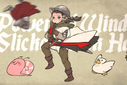 Rule 34 | 1girl, bird, boots, brown hair, duck, flute, full body, gambeson, gloves, helmet, highres, instrument, ironlily, kettle helm, kyoufuu all back (vocaloid), medieval, music, ordo mediare sisters (ironlily), playing instrument, scabbard, sheath, snail, standing, surcoat, wind