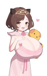 Rule 34 | 1girl, absurdres, blush, breasts, brown eyes, brown hair, cleft of venus, cone hair bun, cowboy shot, dress, granblue fantasy, hair bun, hair ornament, hand on own chest, heart, highres, huge breasts, kaedeno yuu, looking at viewer, open mouth, oppai loli, original, pink dress, see-through, see-through dress, short hair, smile, solo, standing, stuffed animal, stuffed toy, white background, yaia (granblue fantasy)
