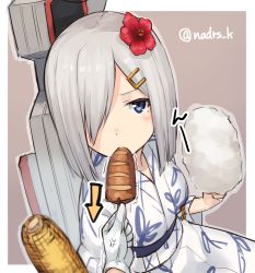 Rule 34 | 10s, 1girl, anger vein, blue eyes, corn, corn cob, cotton candy, flower, food, gradient background, hair flower, hair ornament, hair over one eye, hairclip, hamakaze (kancolle), ikayaki, japanese clothes, kantai collection, kimono, looking at viewer, machinery, nazunakku, one-hour drawing challenge, short hair, silver hair, simple background, solo focus, squid, twitter username, yukata