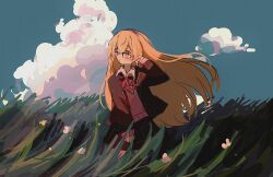 Rule 34 | 1girl, arm at side, black jacket, black skirt, blazer, blonde hair, blue sky, bow, bowtie, cloud, collared shirt, cowboy shot, cumulonimbus cloud, day, floating hair, glasses, grass, hand in own hair, highres, ienaga mugi, jacket, landscape, long hair, long sleeves, looking to the side, love 1 0 v e, miniskirt, nature, nijisanji, open clothes, open jacket, outdoors, pink sweater, plaid, plaid skirt, pleated skirt, red bow, red bowtie, scenery, shirt, sidelocks, skirt, sky, solo, sweater, tall grass, v-neck, virtual youtuber, white shirt, wind, yellow eyes