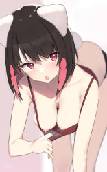 Rule 34 | 1girl, absurdres, animal ears, black hair, blush, breasts, cloba, collarbone, commentary request, downblouse, fang, hanging breasts, highres, looking at viewer, medium breasts, multicolored hair, nipples, no bra, open mouth, original, player 2 (cloba), red eyes, red hair, skin fang, solo, sweat, tail, two-tone hair