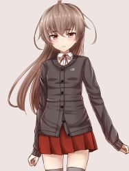 Rule 34 | 1girl, ahoge, bag, black thighhighs, blush, brown eyes, cardigan, collared shirt, cowboy shot, frown, grey background, hammer and sickle, highres, light brown hair, long hair, looking at viewer, original, pleated skirt, red skirt, ribbon, school bag, school uniform, shirt, simple background, skirt, sleeves past wrists, solo, thighhighs, yakob labo, zettai ryouiki