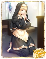 Rule 34 | 1girl, agawa ryou, blonde hair, borrowed character, breasts, commission, curvy, dress, closed eyes, full body, habit, interlocked fingers, kneeling, large breasts, long sleeves, nun, own hands clasped, own hands together, praying, short hair, solo, wide hips