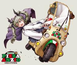 Rule 34 | 1girl, action, anchovy (girls und panzer), anzio school uniform, black cape, black footwear, black necktie, black ribbon, black skirt, cape, carpaccio (girls und panzer), character name, commentary request, dress shirt, drill hair, emblem, english text, frown, girls und panzer, green hair, grey background, hair ribbon, loafers, long hair, long sleeves, looking to the side, miniskirt, motion blur, motor vehicle, motorcycle, necktie, open mouth, pantyhose, partial commentary, pleated skirt, red eyes, ribbon, riding, school uniform, shirt, shoes, sitting, skirt, solo, teketeke (tekenotteke), twin drills, twintails, vehicle request, white pantyhose, white shirt